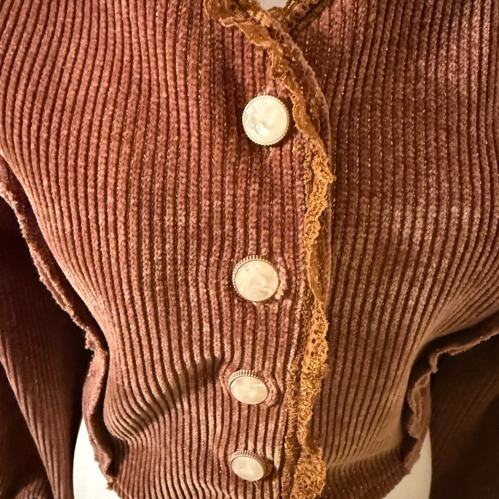 Pol Light Brown Corduroy Ballon Sleeve Crop Jacket With Gold Threading Size S View 6